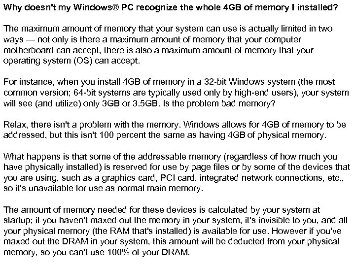 Why doesn't my Windows® PC recognize the whole 4 GB of memory I installed?