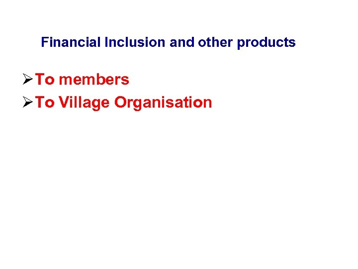 Financial Inclusion and other products Ø To members Ø To Village Organisation 