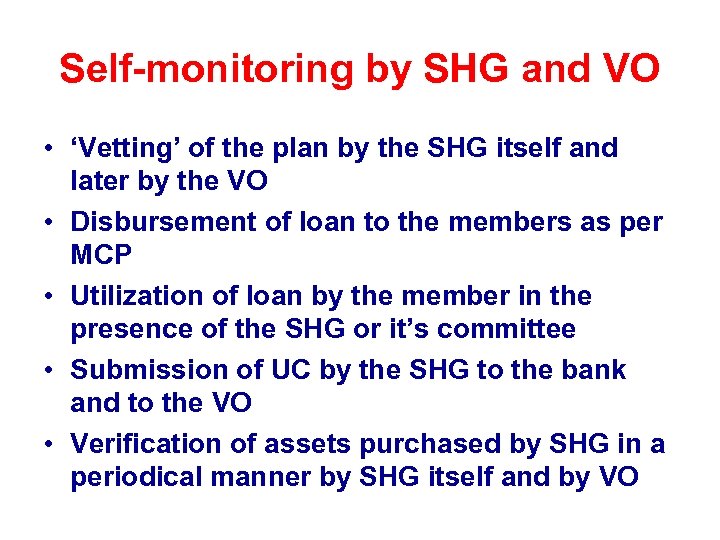 Self-monitoring by SHG and VO • ‘Vetting’ of the plan by the SHG itself