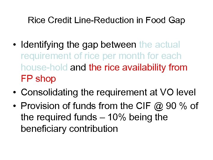 Rice Credit Line-Reduction in Food Gap • Identifying the gap between the actual requirement