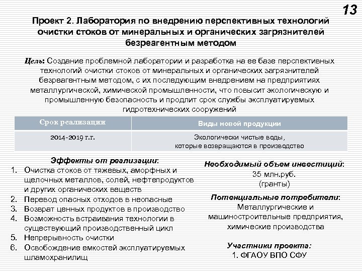 Проект 2. Лаборатория по внедрению перспективных технологий очистки стоков от минеральных и органических загрязнителей