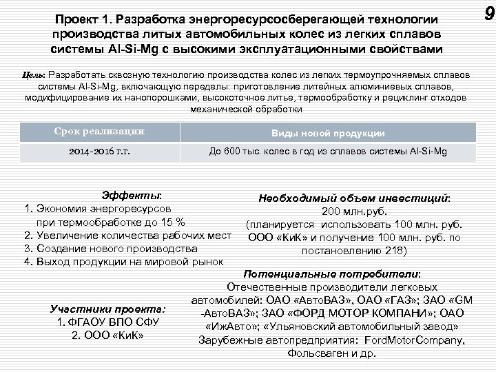 Проект 1. Разработка энергоресурсосберегающей технологии производства литых автомобильных колес из легких сплавов системы Al-Si-Mg
