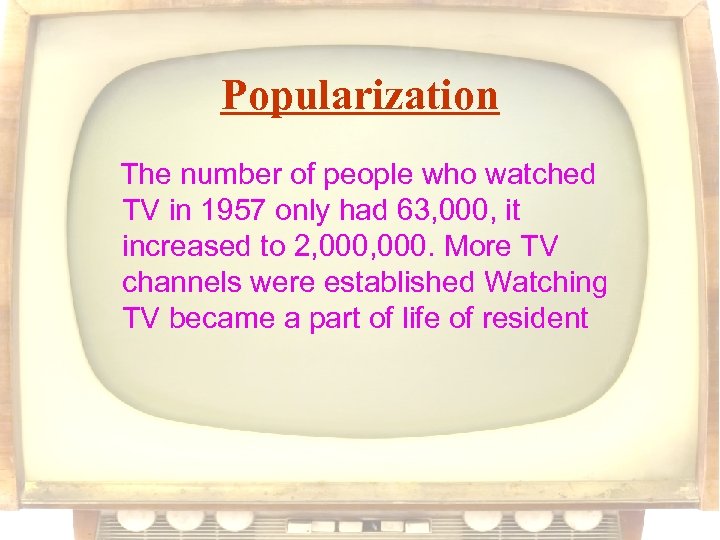 Popularization The number of people who watched TV in 1957 only had 63, 000,