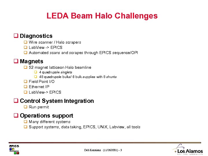 LEDA Beam Halo Challenges q Diagnostics q Wire scanner / Halo scrapers q Lab.