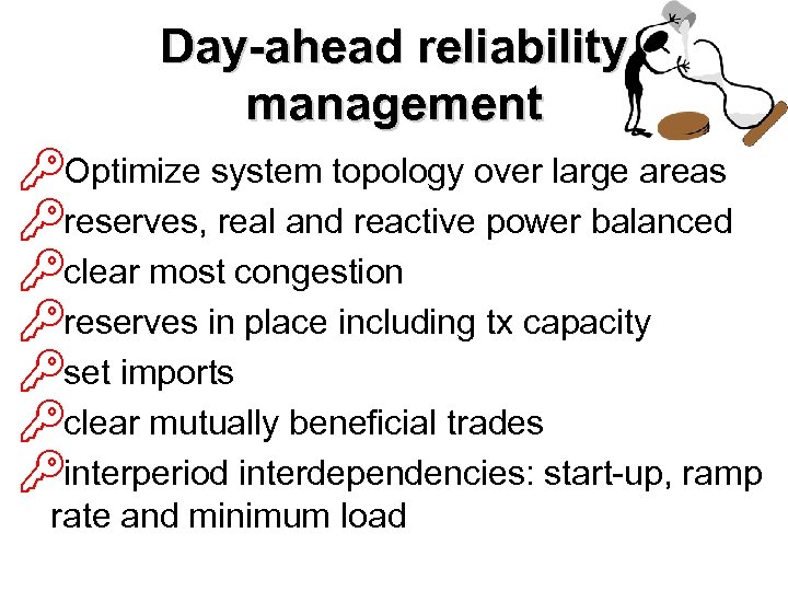 Day-ahead reliability management BOptimize system topology over large areas Breserves, real and reactive power