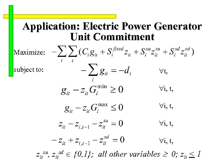 Application: Electric Power Generator Unit Commitment Maximize: subject to: t, i, t, zitsu, zitsd
