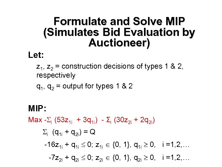 Formulate and Solve MIP (Simulates Bid Evaluation by Auctioneer) Let: z 1, z 2