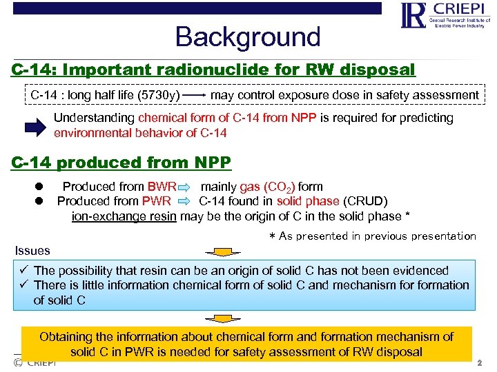 Background C-14: Important radionuclide for RW disposal C-14 : long half life (5730 y)