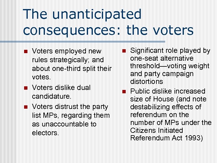 The unanticipated consequences: the voters n n n Voters employed new rules strategically; and