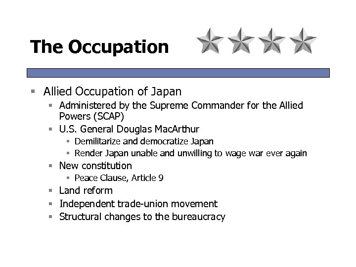 The Occupation § Allied Occupation of Japan § Administered by the Supreme Commander for