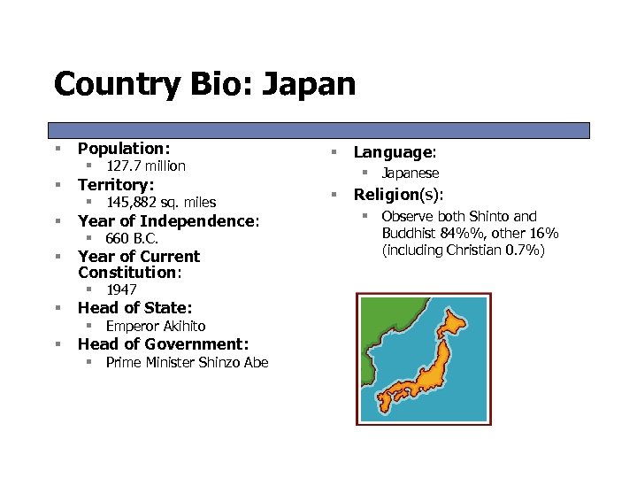 Country Bio: Japan § Population: § Territory: § Year of Independence: § Year of