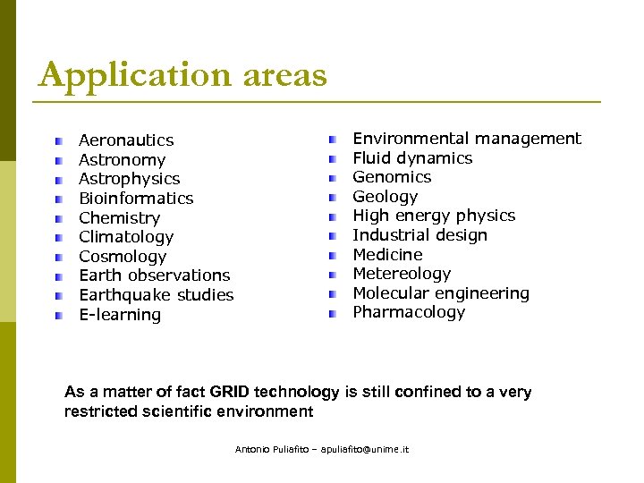 Application areas Aeronautics Astronomy Astrophysics Bioinformatics Chemistry Climatology Cosmology Earth observations Earthquake studies E-learning