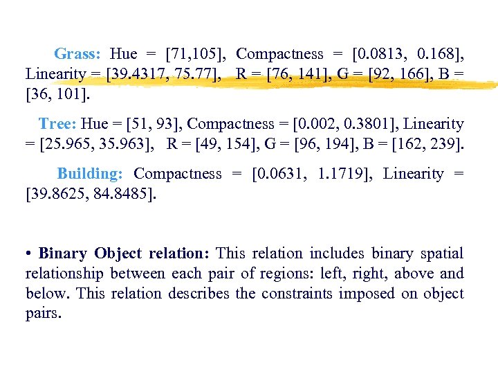  Grass: Hue = [71, 105], Compactness = [0. 0813, 0. 168], Linearity =
