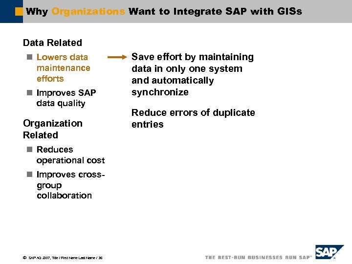 Why Organizations Want to Integrate SAP with GISs Data Related n Lowers data maintenance
