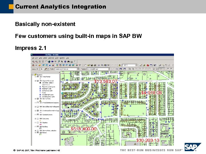 Current Analytics Integration Basically non-existent Few customers using built-in maps in SAP BW Impress