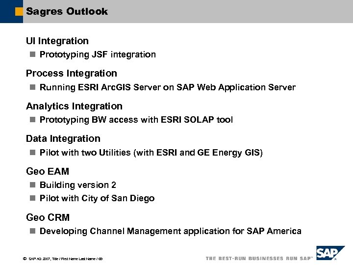 Sagres Outlook UI Integration n Prototyping JSF integration Process Integration n Running ESRI Arc.