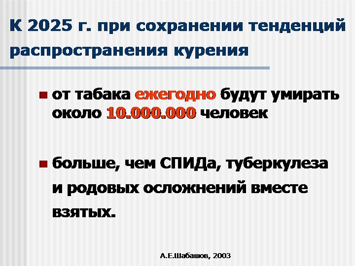К 2025 г. при сохранении тенденций распространения курения n от табака ежегодно будут умирать