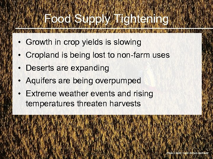 Food Supply Tightening • Growth in crop yields is slowing • Cropland is being