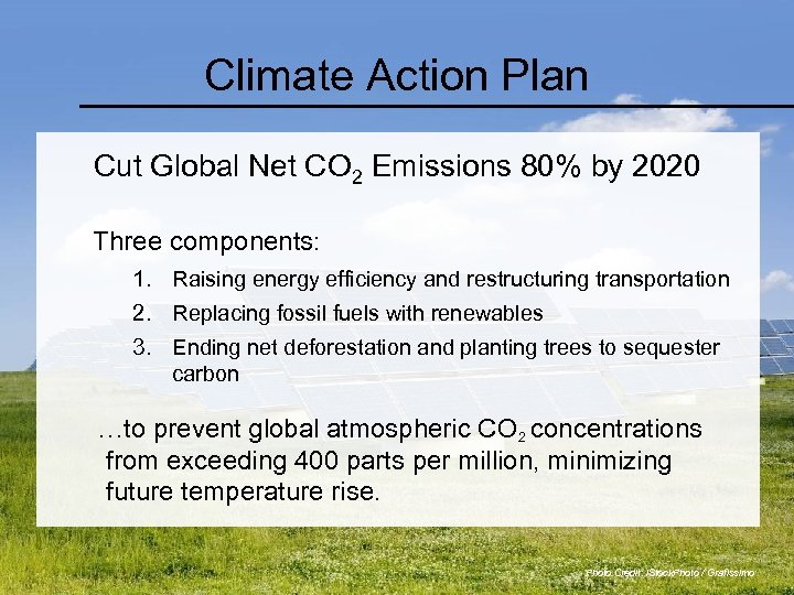 Climate Action Plan Cut Global Net CO 2 Emissions 80% by 2020 Three components: