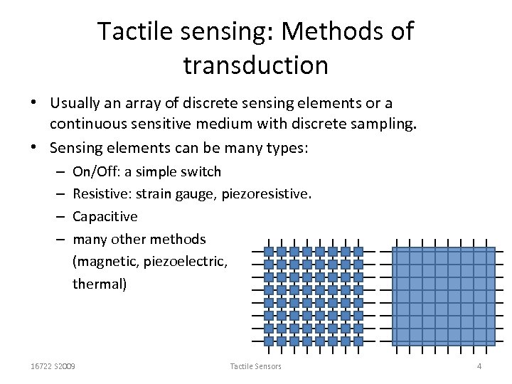 Tactile sensing: Methods of transduction • Usually an array of discrete sensing elements or