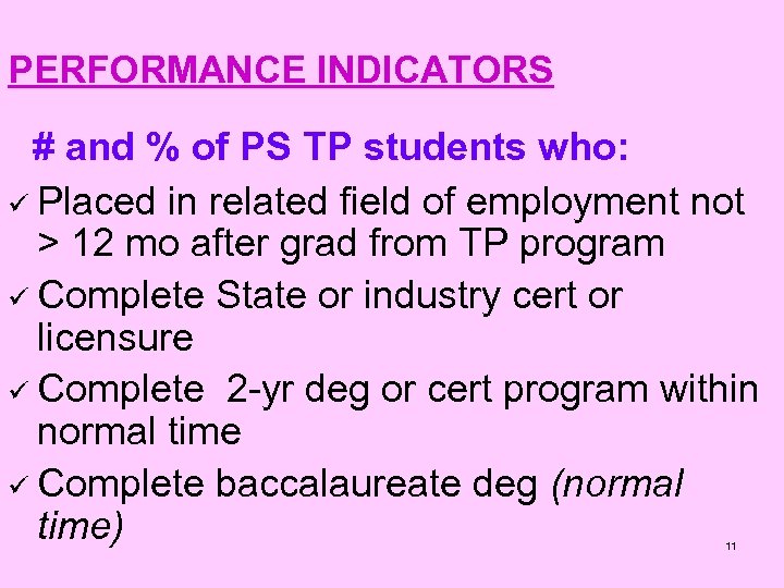 PERFORMANCE INDICATORS # and % of PS TP students who: ü Placed in related