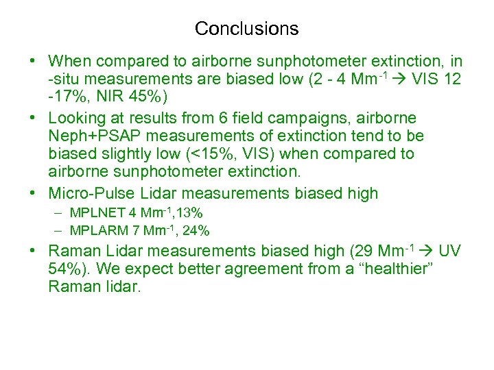 Conclusions • When compared to airborne sunphotometer extinction, in -situ measurements are biased low