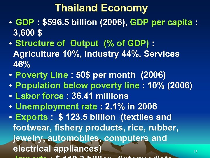 Thailand Economy • GDP : $596. 5 billion (2006), GDP per capita : 3,