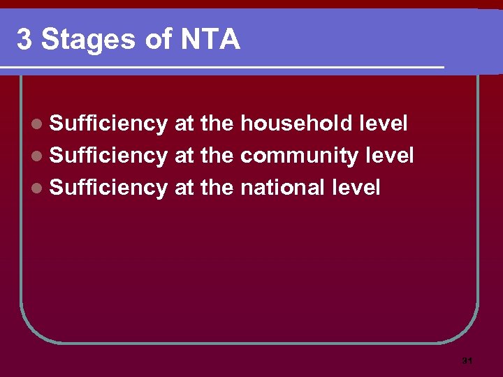 3 Stages of NTA l Sufficiency at the household level l Sufficiency at the