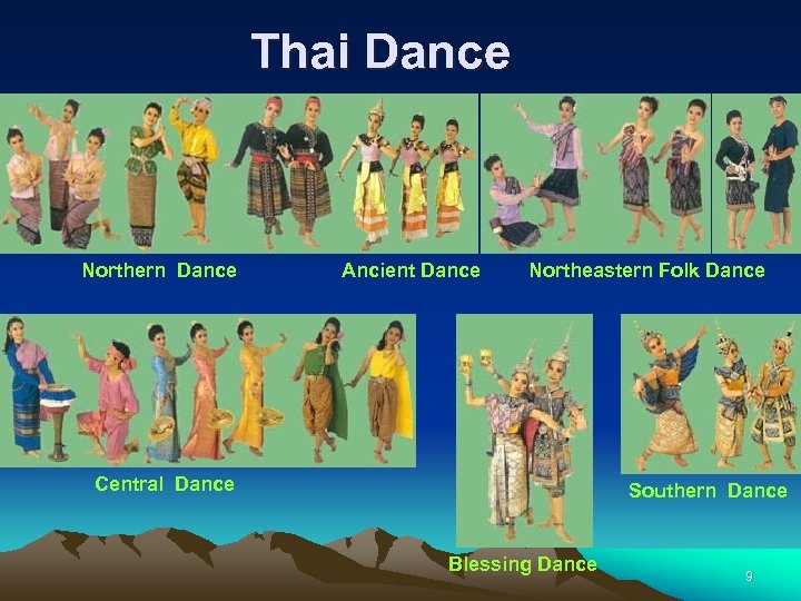 Thai Dance Northern Dance Ancient Dance Northeastern Folk Dance Central Dance Southern Dance Blessing