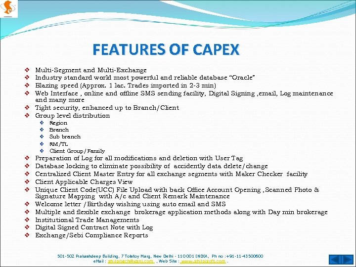 FEATURES OF CAPEX Multi-Segment and Multi-Exchange Industry standard world most powerful and reliable database