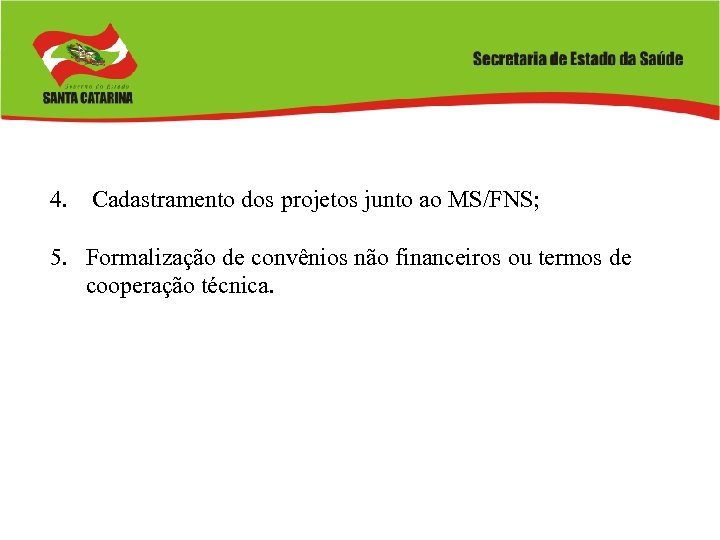 4. Cadastramento dos projetos junto ao MS/FNS; 5. Formalização de convênios não financeiros ou