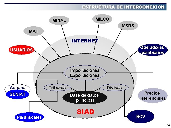 ESTRUCTURA DE INTERCONEXIÓN MILCO MINAL MSDS MAT INTERNET Operadores cambiarios USUARIOS Importaciones Exportaciones Aduana