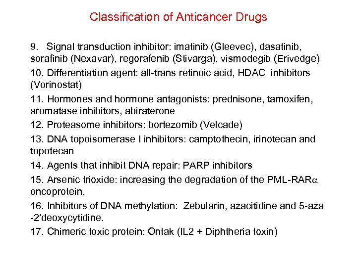 Classification of Anticancer Drugs 9. Signal transduction inhibitor: imatinib (Gleevec), dasatinib, sorafinib (Nexavar), regorafenib