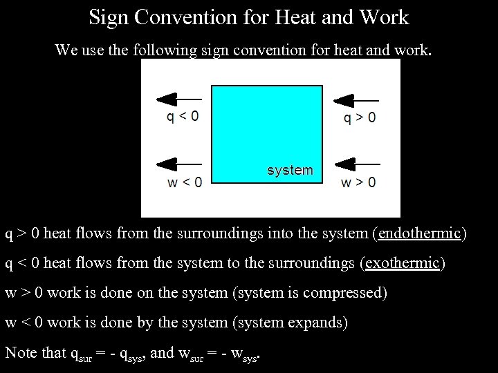 Sign Convention for Heat and Work We use the following sign convention for heat