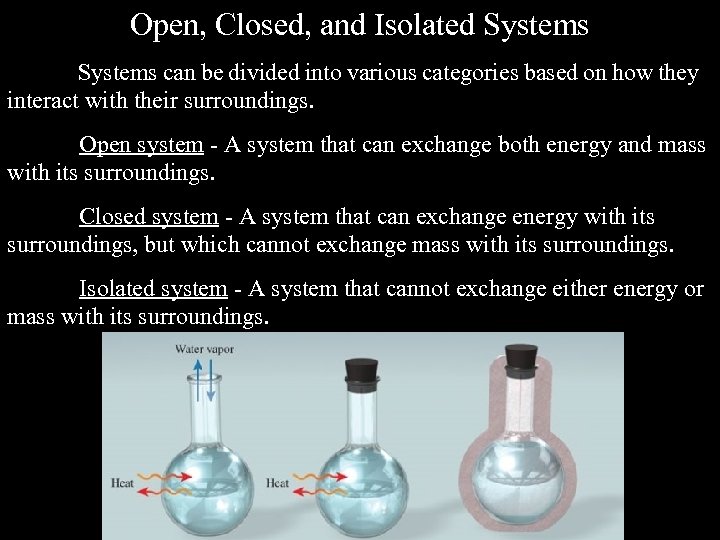 Open, Closed, and Isolated Systems can be divided into various categories based on how