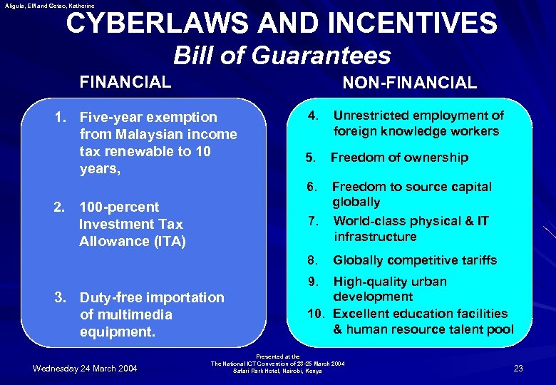 Aligula, EM and Getao, Katherine CYBERLAWS AND INCENTIVES Bill of Guarantees FINANCIAL NON-FINANCIAL 2.