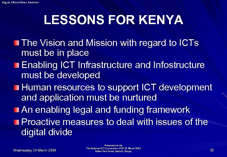 Aligula, EM and Getao, Katherine LESSONS FOR KENYA The Vision and Mission with regard