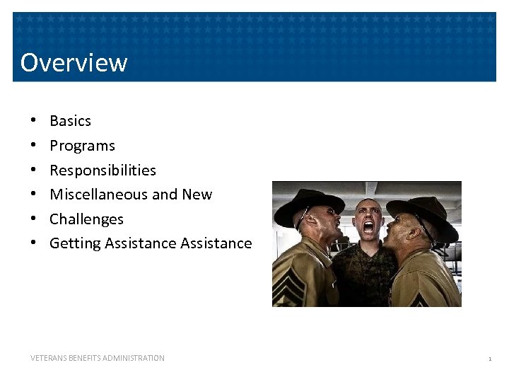 Overview • • • Basics Programs Responsibilities Miscellaneous and New Challenges Getting Assistance VETERANS
