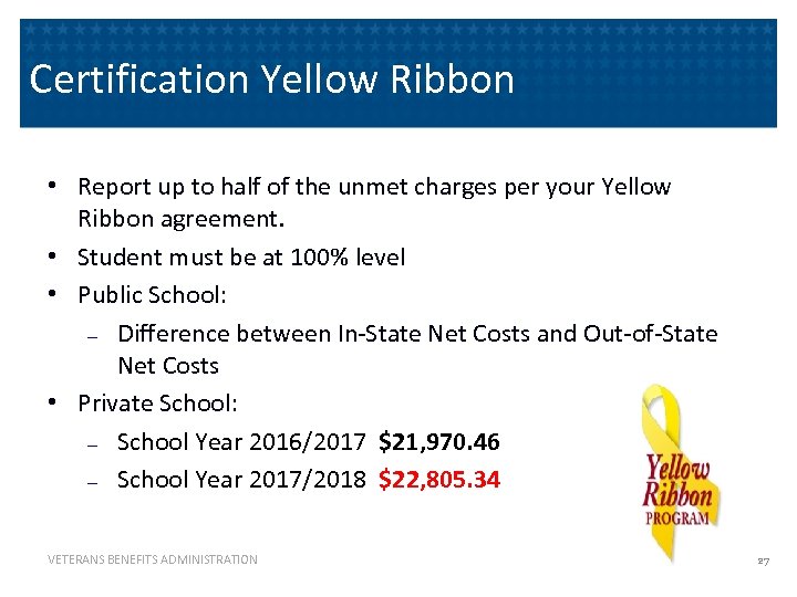 Certification Yellow Ribbon • Report up to half of the unmet charges per your