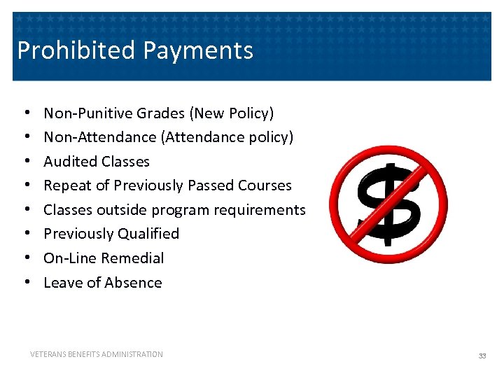 Prohibited Payments • • Non-Punitive Grades (New Policy) Non-Attendance (Attendance policy) Audited Classes Repeat