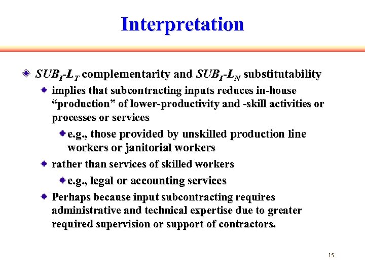 Interpretation SUBI-LT complementarity and SUBI-LN substitutability implies that subcontracting inputs reduces in-house “production” of