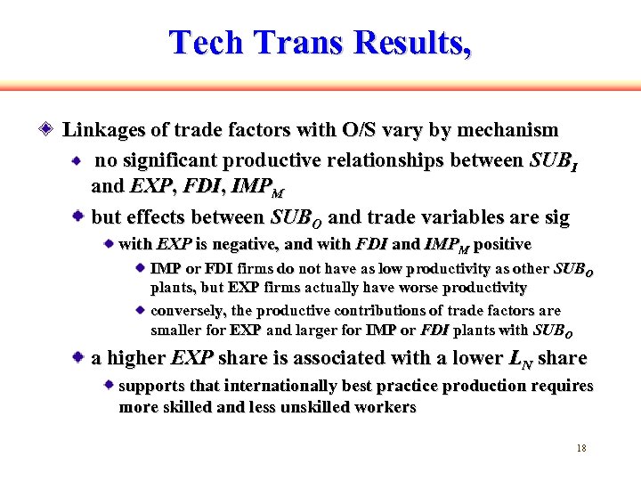 Tech Trans Results, Linkages of trade factors with O/S vary by mechanism no significant