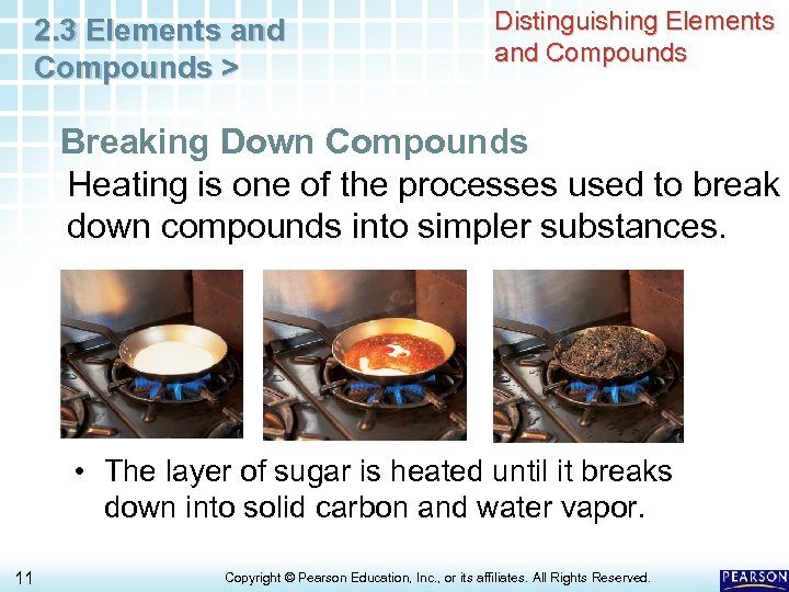 2. 3 Elements and Compounds > Distinguishing Elements and Compounds Breaking Down Compounds Heating