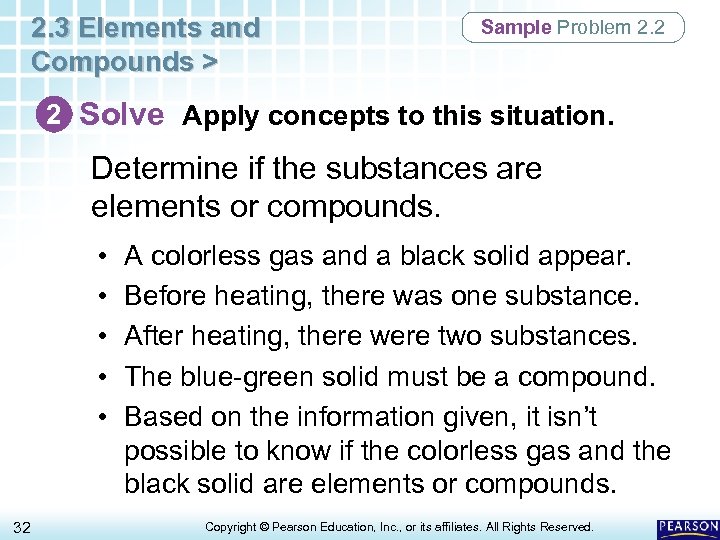 2. 3 Elements and Compounds > Sample Problem 2. 2 2 Solve Apply concepts