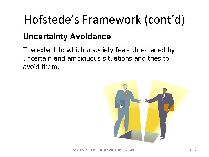 Hofstede’s Framework (cont’d) Uncertainty Avoidance The extent to which a society feels threatened by
