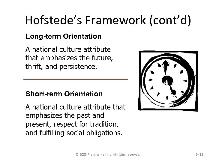 Hofstede’s Framework (cont’d) Long-term Orientation A national culture attribute that emphasizes the future, thrift,