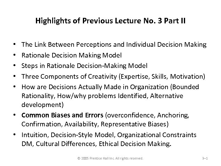 Highlights of Previous Lecture No. 3 Part II The Link Between Perceptions and Individual