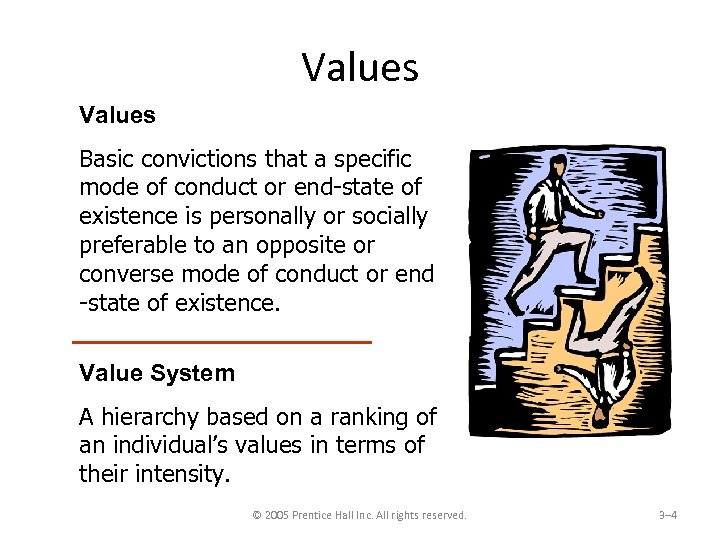 Values Basic convictions that a specific mode of conduct or end-state of existence is