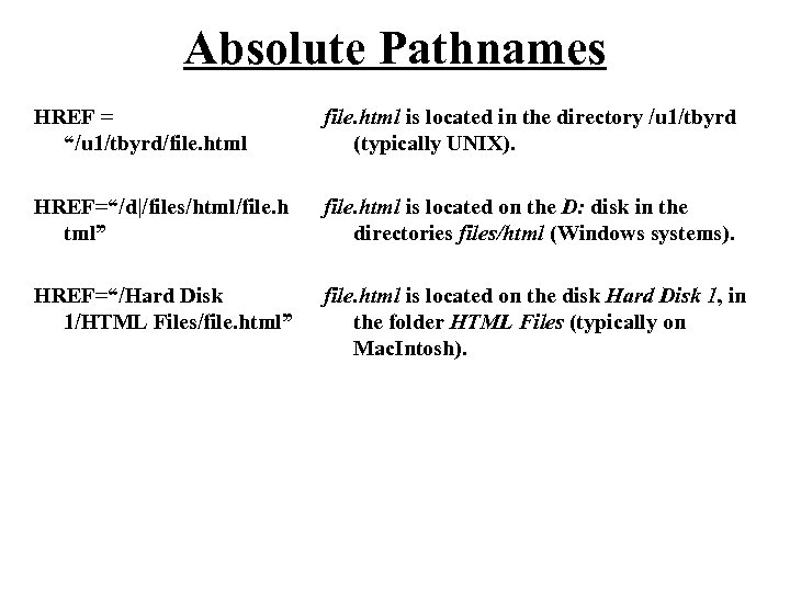 Absolute Pathnames HREF = “/u 1/tbyrd/file. html is located in the directory /u 1/tbyrd