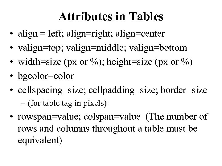 Attributes in Tables • • • align = left; align=right; align=center valign=top; valign=middle; valign=bottom